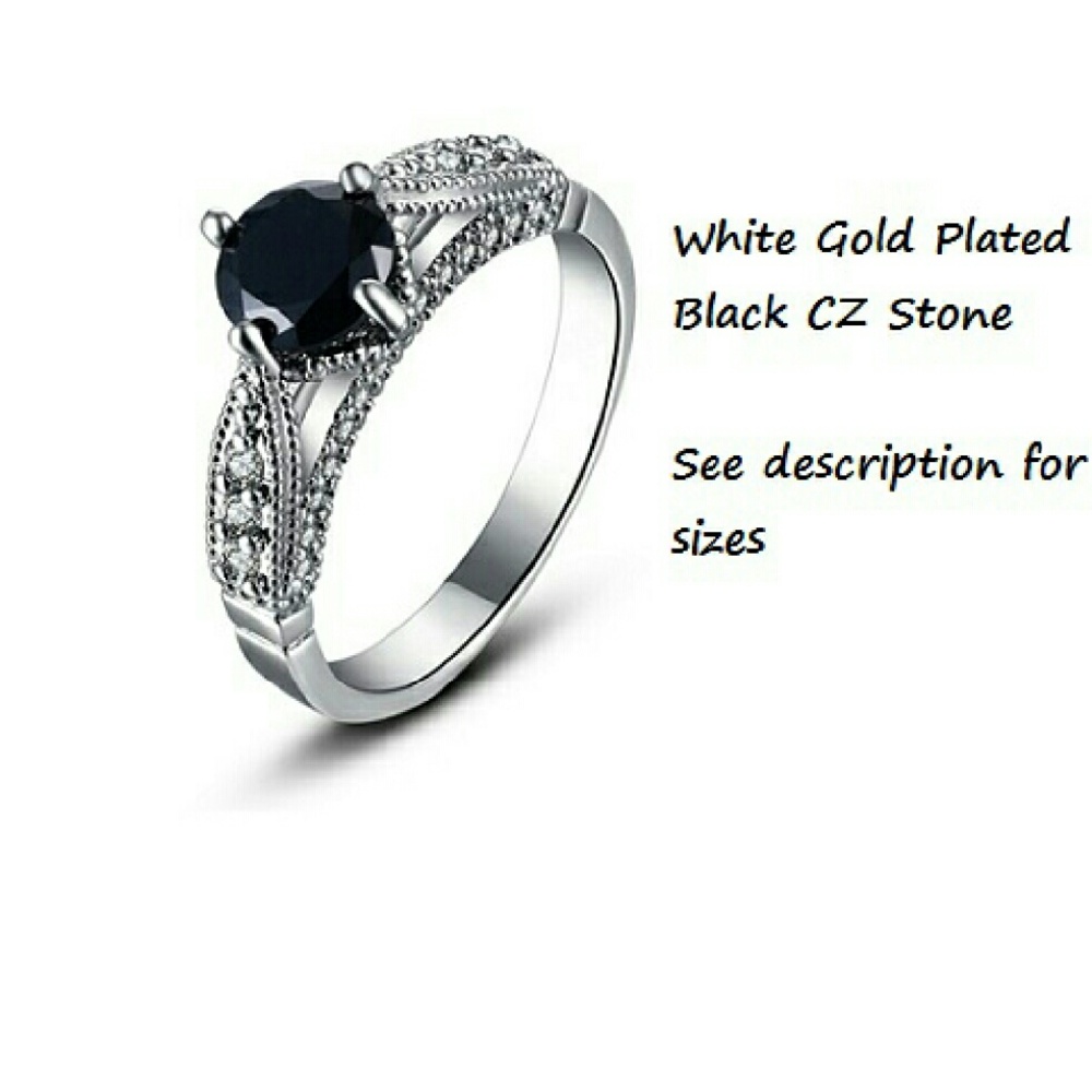 White Gold Sterling Silver Black CZ Ring